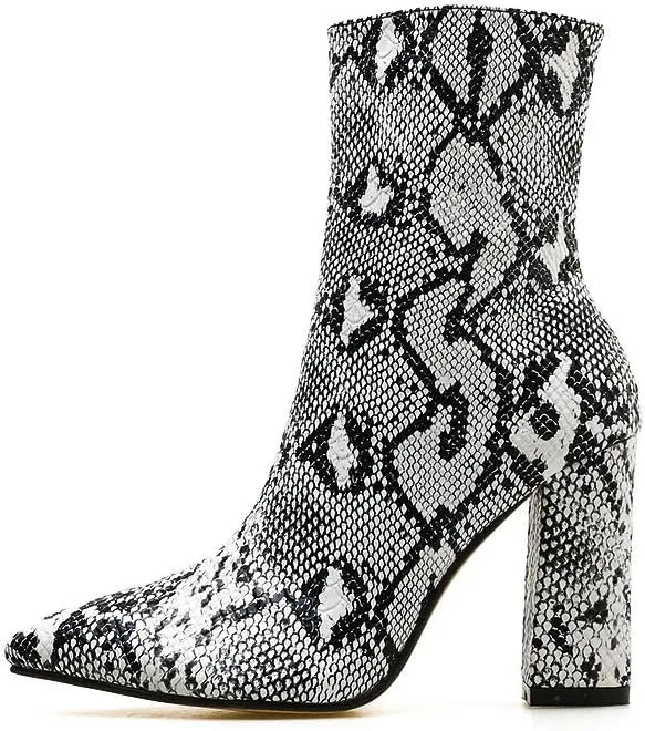 Womens Pointed Ankle Boots With Block Heels In Snake Print Bootie