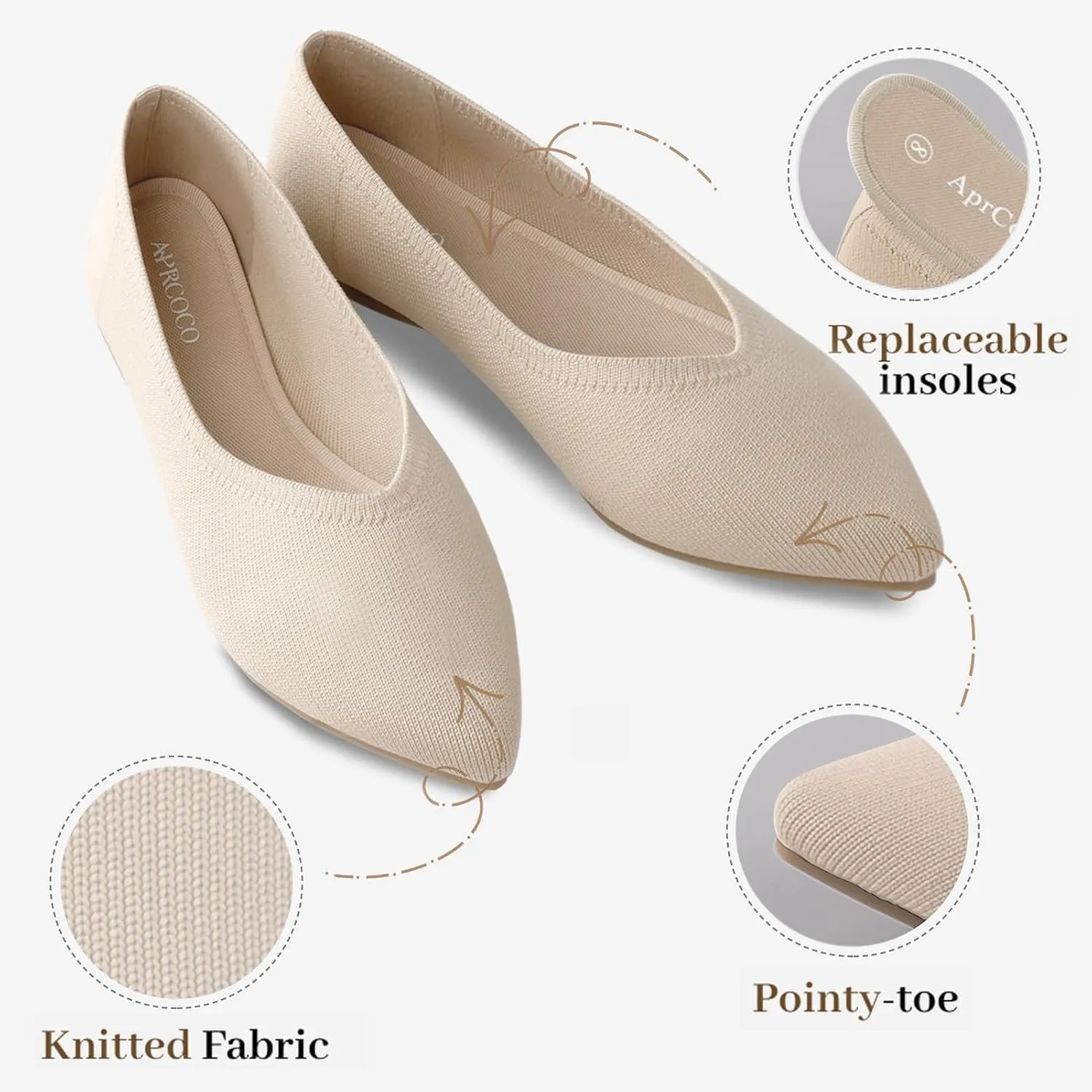 Womens Pointed Toe Flats Knit Dress Washable Flats Slip On Ballet Shoes Women Comfort Office Low Wedge