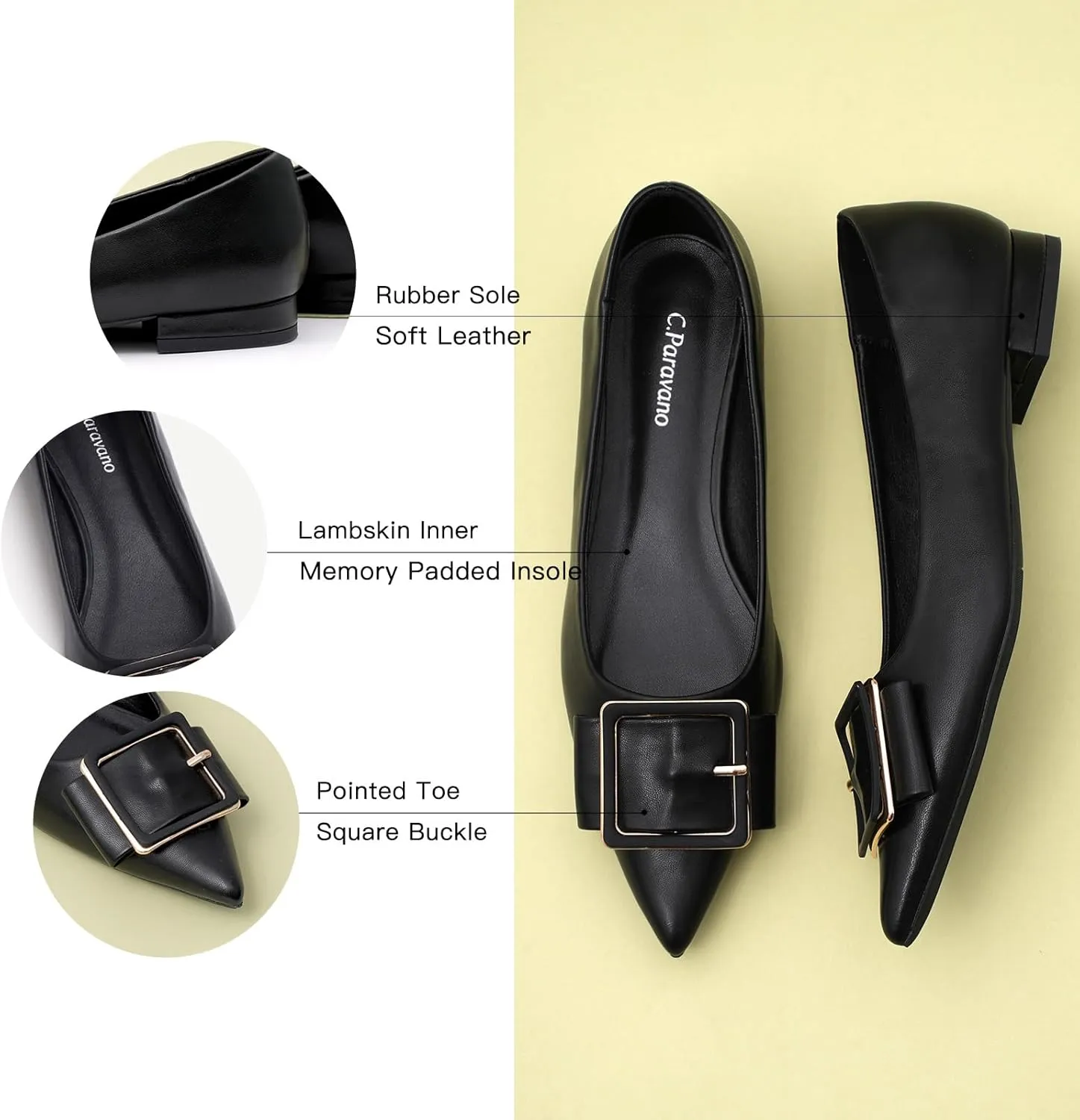 Women's Pointed Toe Square Buckle Flats Elegant Slip-On Ballet Flats Comfortable Dressy Shoes for Work Party Daily Wear