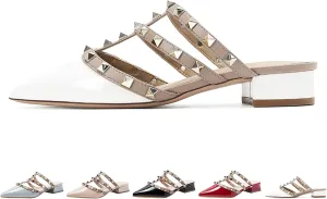 Women's Pointed Toe Studded Mules Backless Slip on Outdoor Shoes Chunky Low Heels Slip-On Pump Party Dress Low Heels Sandals