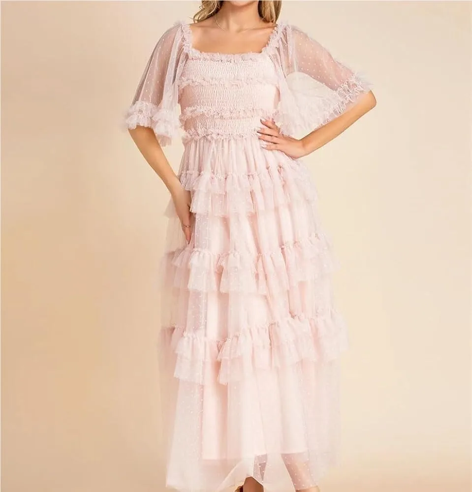 Women's Polka Dot Maxi Dress Mesh Long Flare Sleeve Elastic Waist Ruffles Beach Vacation Dress Summer Party