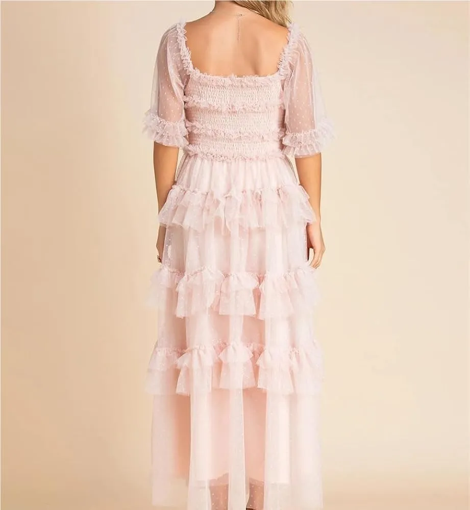 Women's Polka Dot Maxi Dress Mesh Long Flare Sleeve Elastic Waist Ruffles Beach Vacation Dress Summer Party