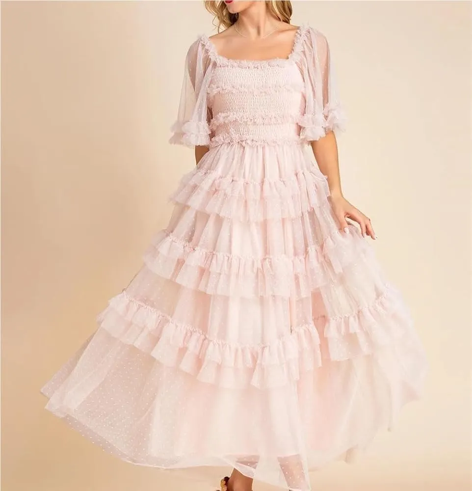 Women's Polka Dot Maxi Dress Mesh Long Flare Sleeve Elastic Waist Ruffles Beach Vacation Dress Summer Party