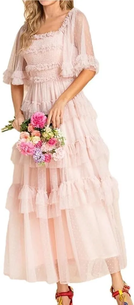 Women's Polka Dot Maxi Dress Mesh Long Flare Sleeve Elastic Waist Ruffles Beach Vacation Dress Summer Party