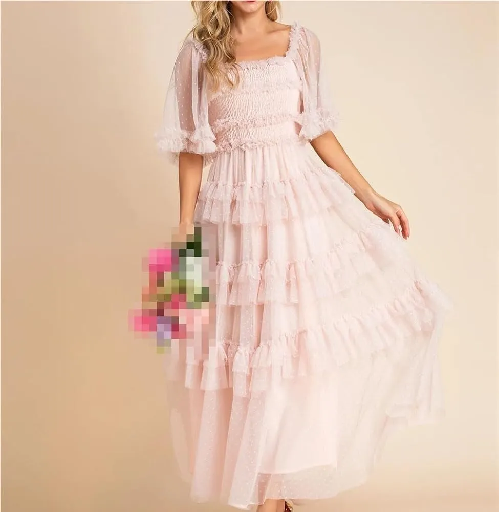 Women's Polka Dot Maxi Dress Mesh Long Flare Sleeve Elastic Waist Ruffles Beach Vacation Dress Summer Party