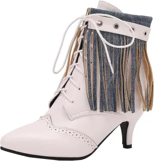Women's Retro Block Heel and Pointed Toe Ankle Boots Lace-up Short Boots with Tassel