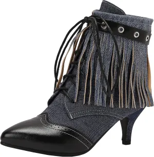 Women's Retro Block Heel and Pointed Toe Ankle Boots Lace-up Short Boots with Tassel