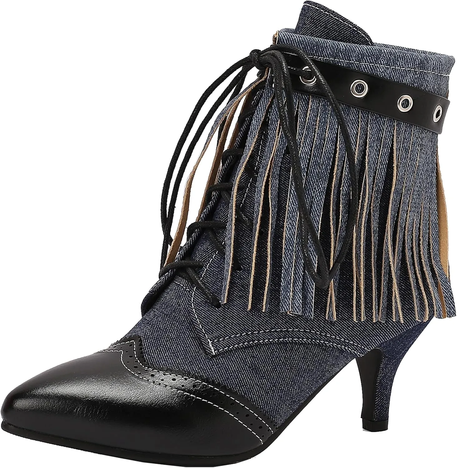 Women's Retro Block Heel and Pointed Toe Ankle Boots Lace-up Short Boots with Tassel