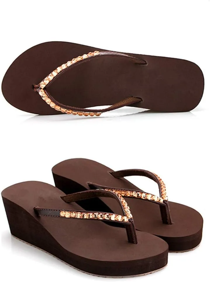 Women's Rhinestone Fashion Platform Wedge Thong Flip Flops Sandals T-Strap Slipper