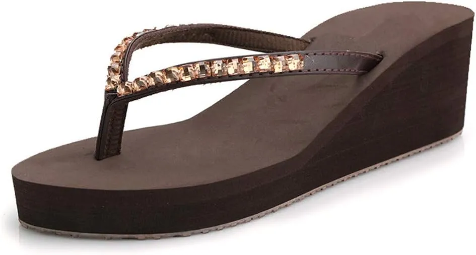 Women's Rhinestone Fashion Platform Wedge Thong Flip Flops Sandals T-Strap Slipper