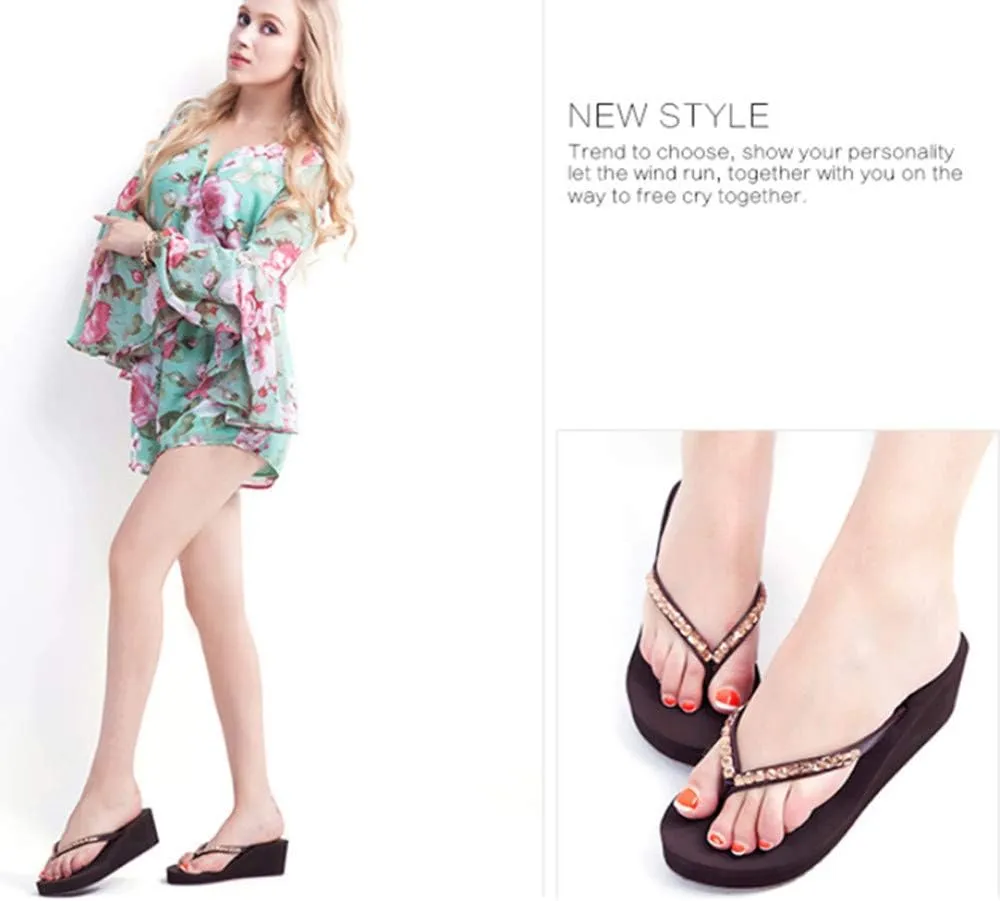 Women's Rhinestone Fashion Platform Wedge Thong Flip Flops Sandals T-Strap Slipper