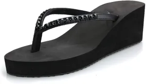 Women's Rhinestone Fashion Platform Wedge Thong Flip Flops Sandals T-Strap Slipper
