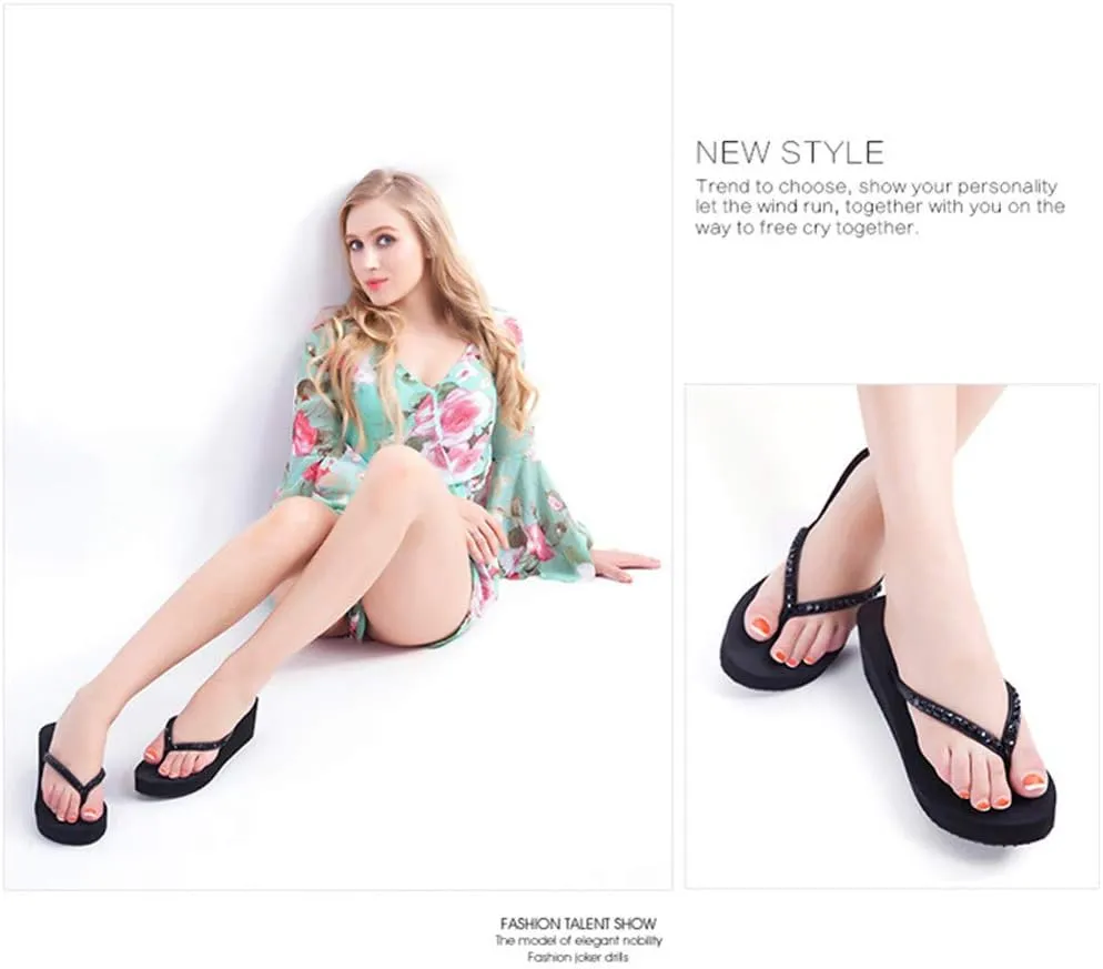 Women's Rhinestone Fashion Platform Wedge Thong Flip Flops Sandals T-Strap Slipper