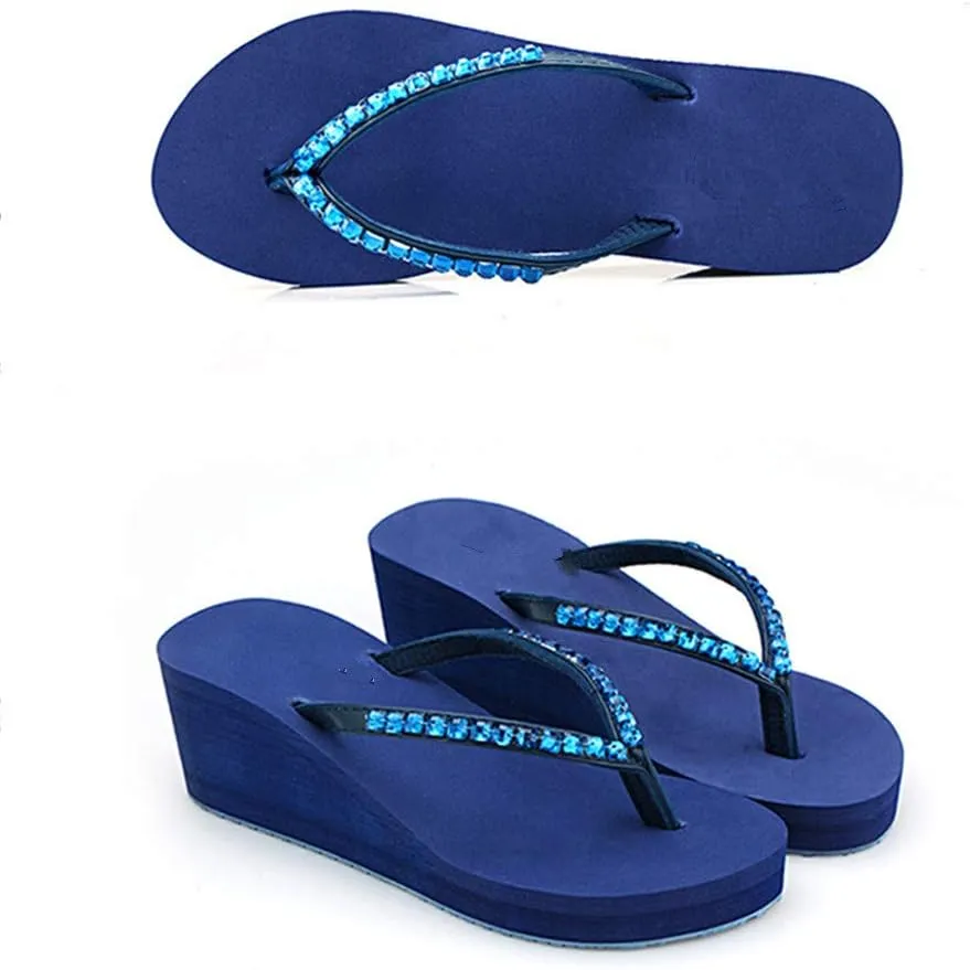 Women's Rhinestone Fashion Platform Wedge Thong Flip Flops Sandals T-Strap Slipper