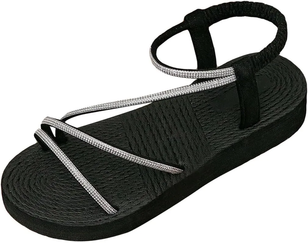 Women's Rhinestone Strappy Woven Sandals Open Toe Elegant Sparkly Flat Sandals