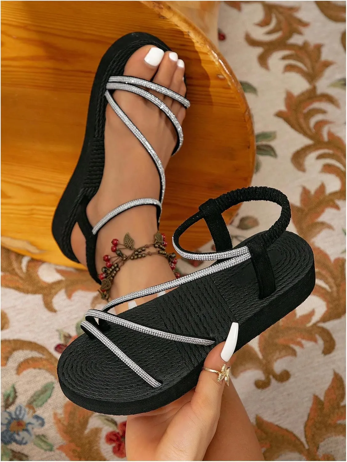 Women's Rhinestone Strappy Woven Sandals Open Toe Elegant Sparkly Flat Sandals
