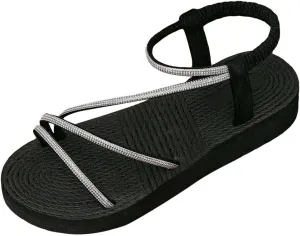 Women's Rhinestone Strappy Woven Sandals Open Toe Elegant Sparkly Flat Sandals