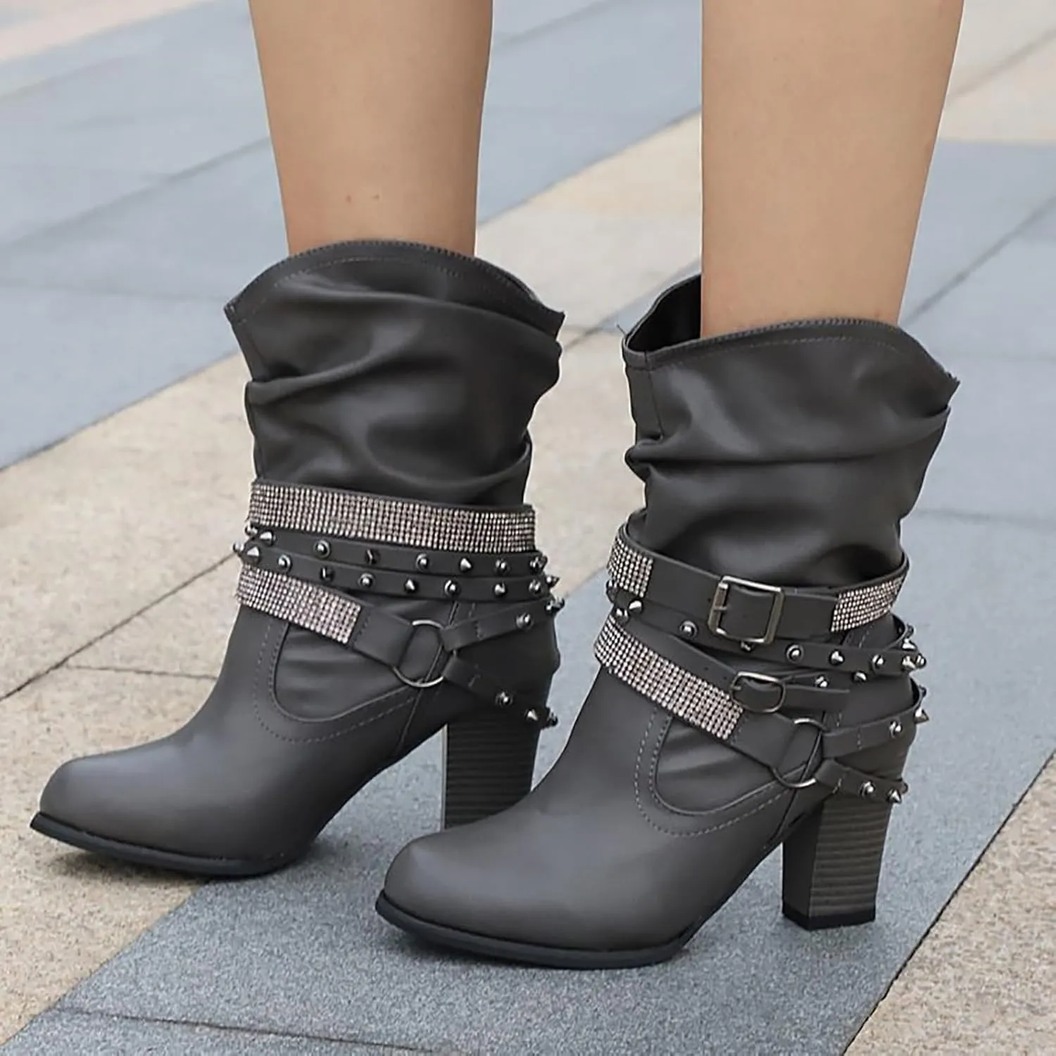 Women's Rivet Belt Buckle Booties Chunky Heel Slip-On Short Boots