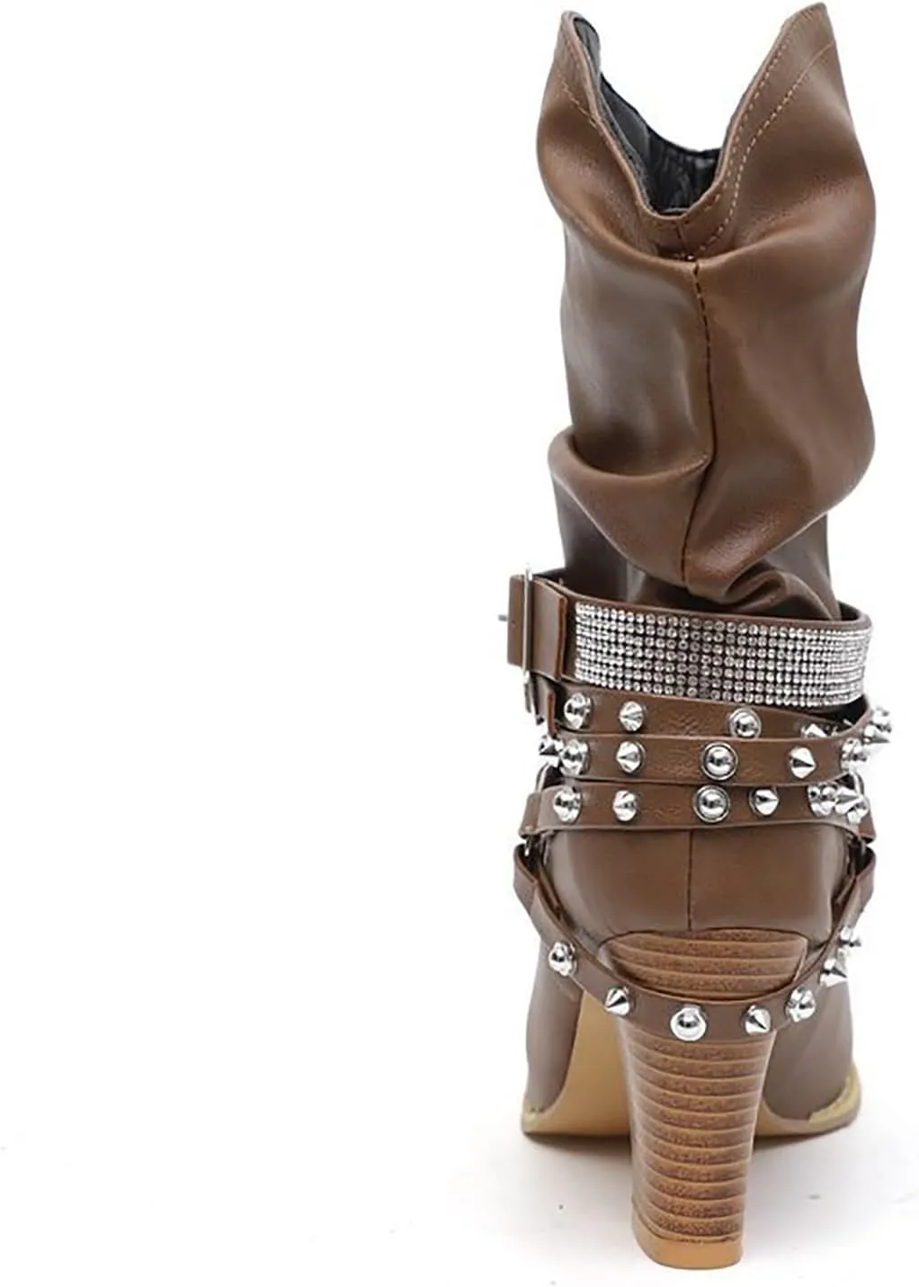 Women's Rivet Belt Buckle Booties Chunky Heel Slip-On Short Boots