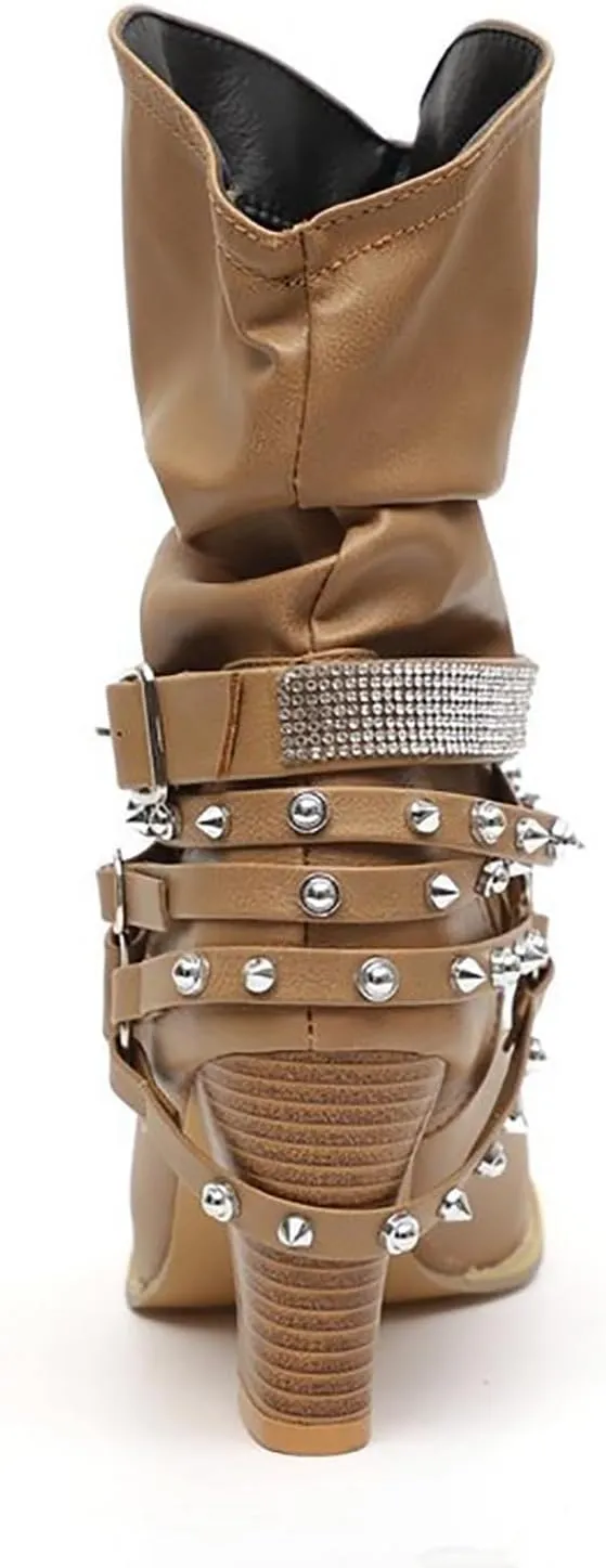 Women's Rivet Belt Buckle Booties Chunky Heel Slip-On Short Boots