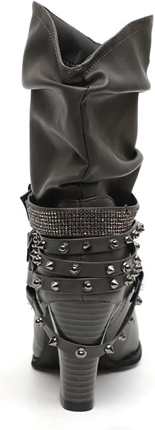 Women's Rivet Belt Buckle Booties Chunky Heel Slip-On Short Boots