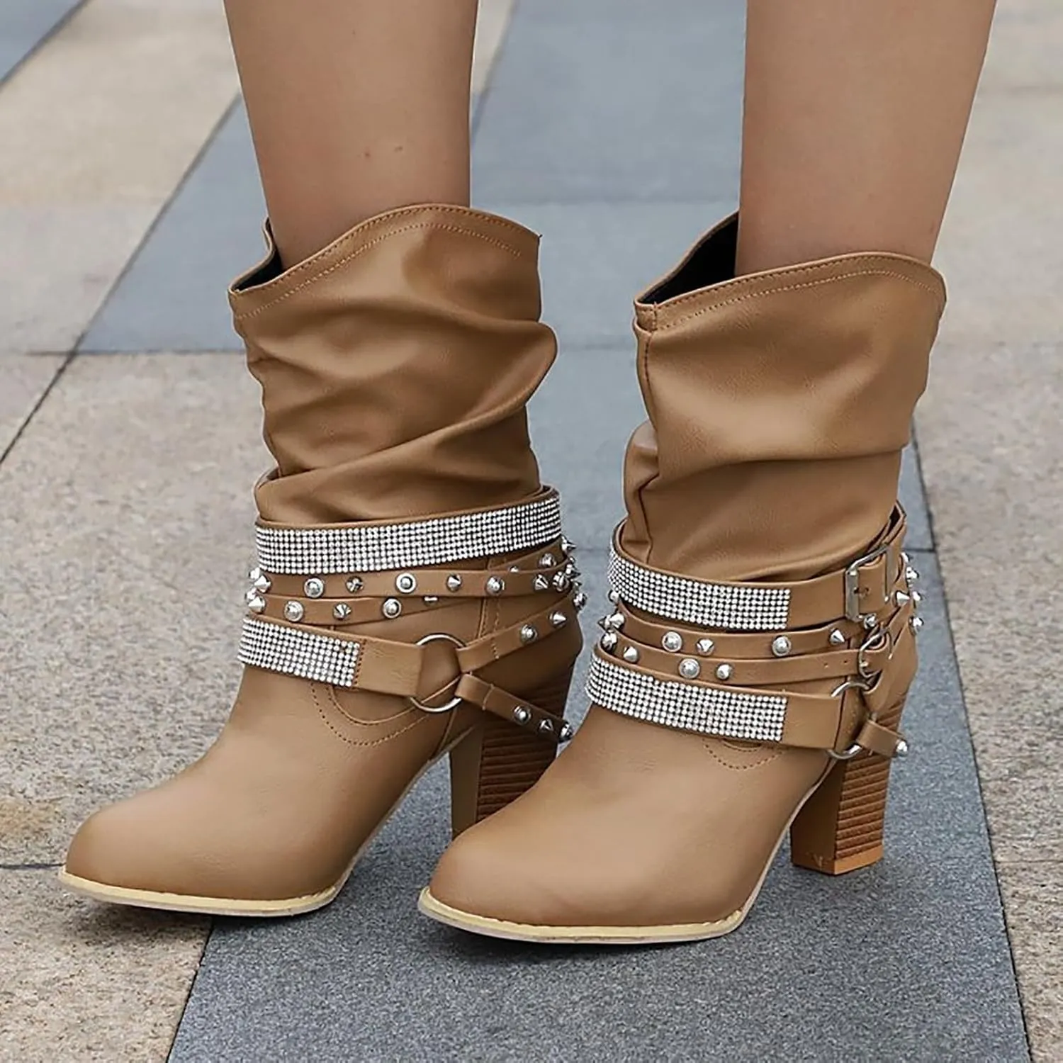 Women's Rivet Belt Buckle Booties Chunky Heel Slip-On Short Boots