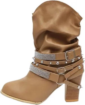 Women's Rivet Belt Buckle Booties Chunky Heel Slip-On Short Boots
