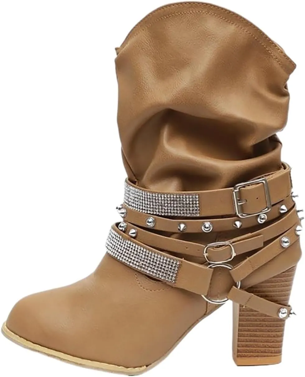 Women's Rivet Belt Buckle Booties Chunky Heel Slip-On Short Boots