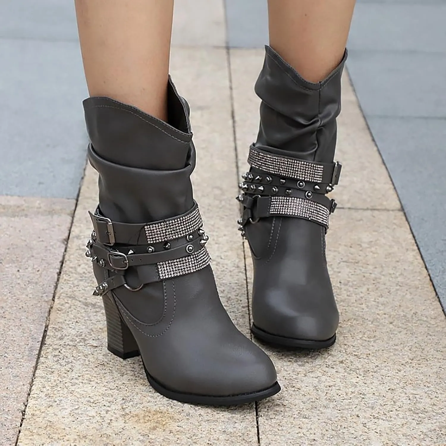 Women's Rivet Belt Buckle Booties Chunky Heel Slip-On Short Boots