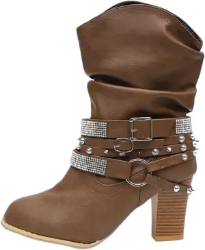 Women's Rivet Belt Buckle Booties Chunky Heel Slip-On Short Boots