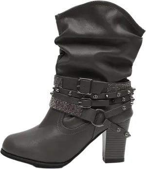 Women's Rivet Belt Buckle Booties Chunky Heel Slip-On Short Boots