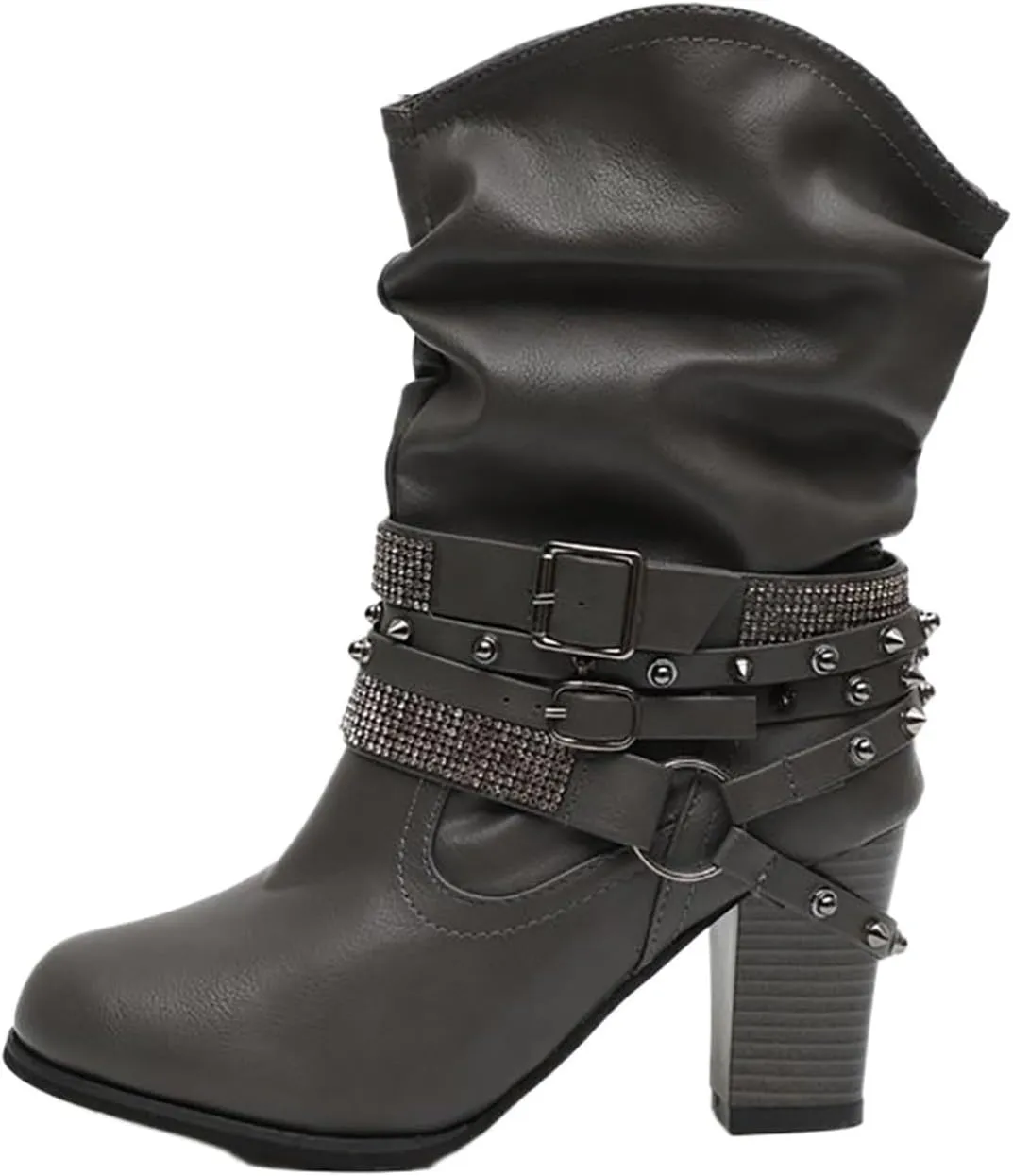 Women's Rivet Belt Buckle Booties Chunky Heel Slip-On Short Boots