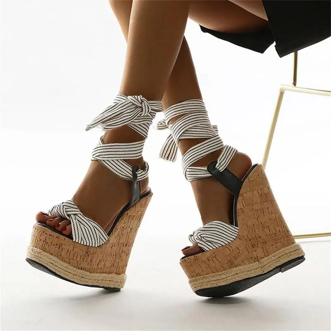 Women's Roman Lace-Up Open Toe Wedge Sandals With 8Cm High Heel And 5-7Cm Platform Gladiator Party Shoes