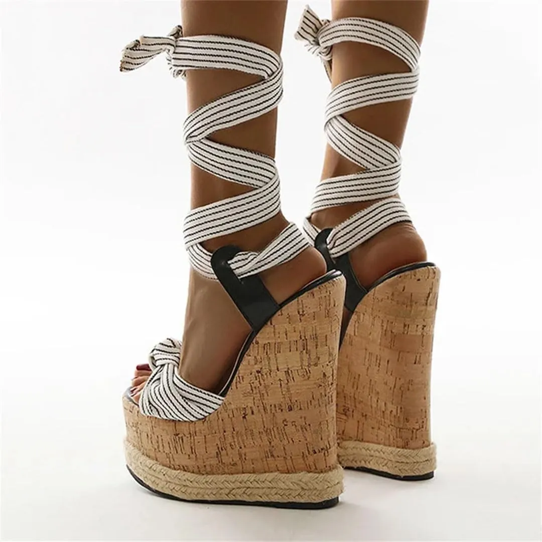Women's Roman Lace-Up Open Toe Wedge Sandals With 8Cm High Heel And 5-7Cm Platform Gladiator Party Shoes
