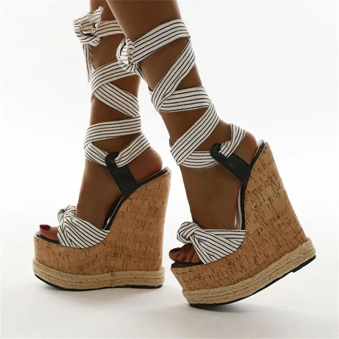 Women's Roman Lace-Up Open Toe Wedge Sandals With 8Cm High Heel And 5-7Cm Platform Gladiator Party Shoes
