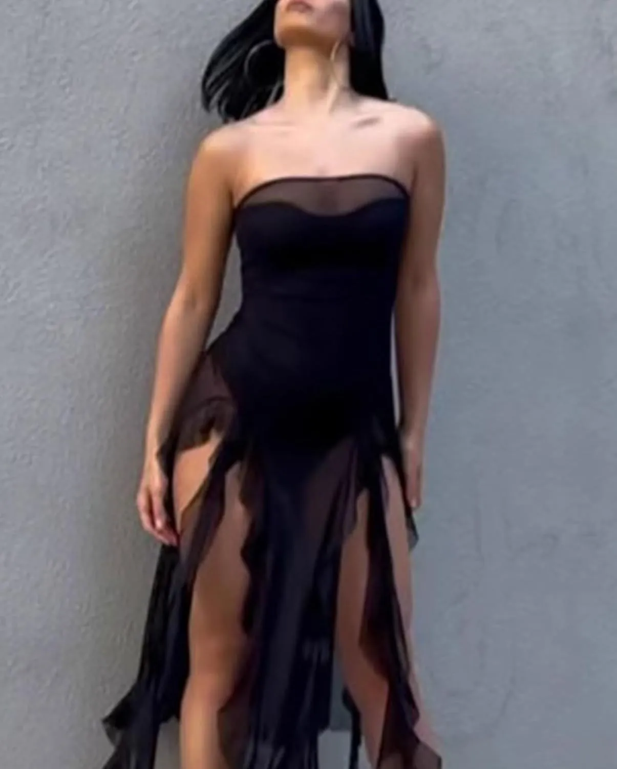 Women's Sexy Fringe Ruffle Tube Top Backless Off Shoulder Bodycon Split Irregular Hem Maxi Flowy Dress