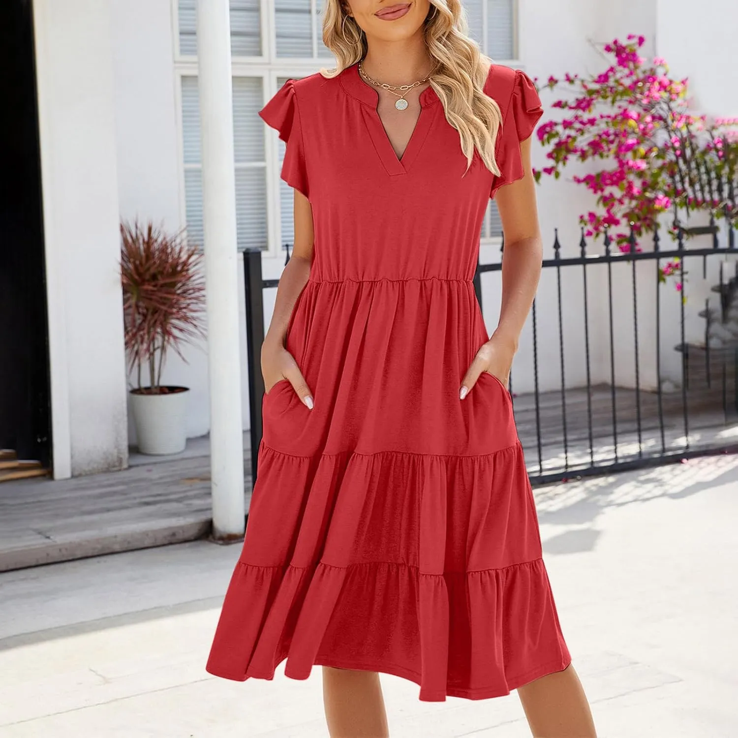 Womens Short Sleeve Summer Sundress A Line Flowy Vacation Short Dresses Loose Casual Outfit with Pockets