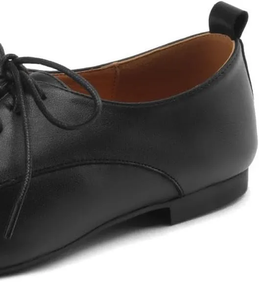 Women's Soft Leather Handmade Square Toe Lace Up Comfortable Office Oxford Flats Shoes