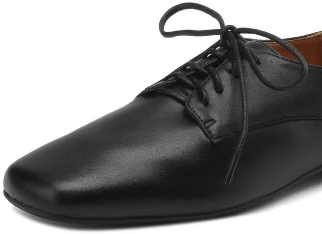 Women's Soft Leather Handmade Square Toe Lace Up Comfortable Office Oxford Flats Shoes