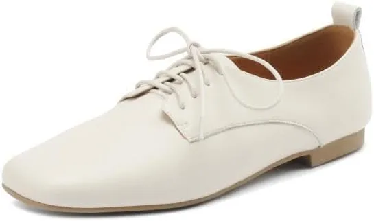 Women's Soft Leather Handmade Square Toe Lace Up Comfortable Office Oxford Flats Shoes