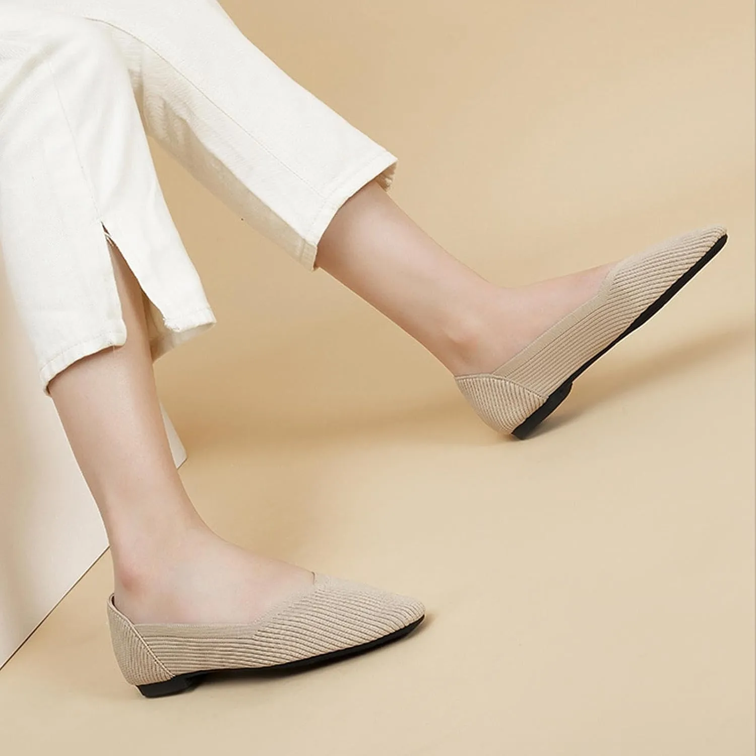 Women's Square Toe Flats Knit Dress Shoes Comfortable Mesh Flats for Women Slip On Ballet Flats Shoes Classic Soft Mary Jane Shoes