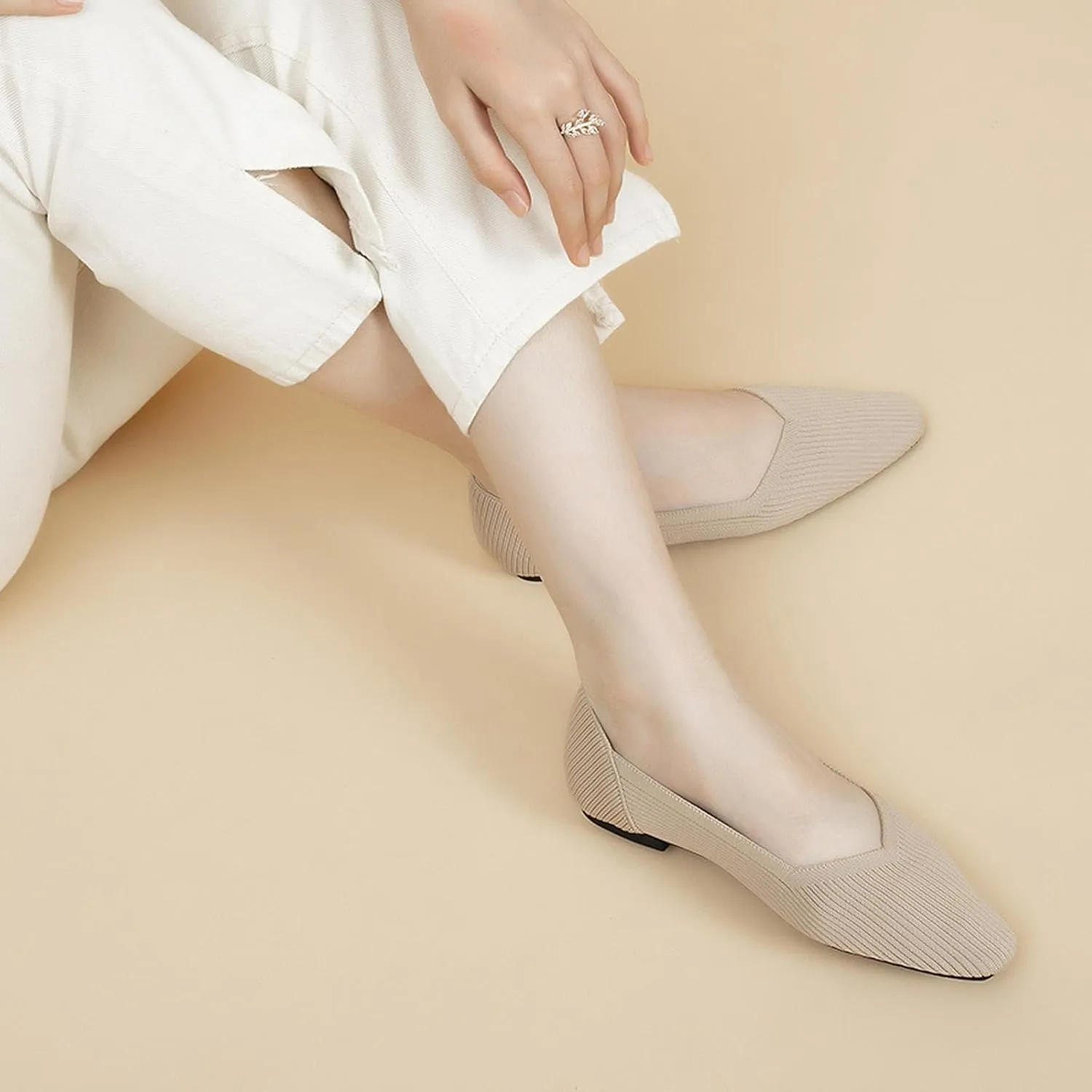 Women's Square Toe Flats Knit Dress Shoes Comfortable Mesh Flats for Women Slip On Ballet Flats Shoes Classic Soft Mary Jane Shoes