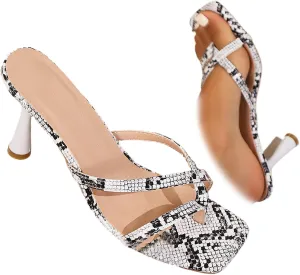 Women's Strappy Thong Heeled Sandals Square Open Toe Slip On Stiletto Heels Flip Flops Fashionable Sexy Backless Kitten Heel Slippers Shoes