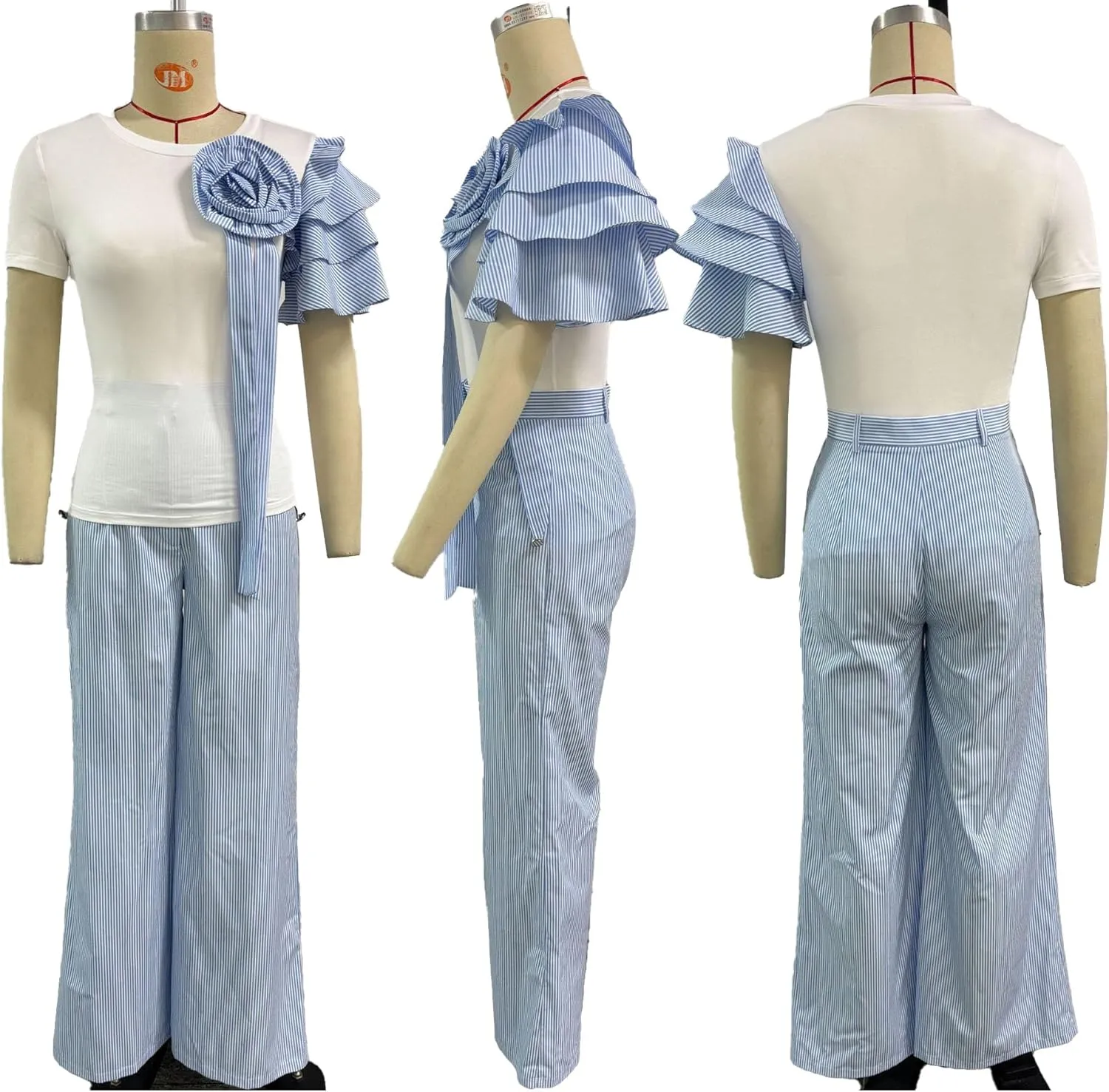 Women's Striped 2 Piece Outfits Crew Neck Short Sleeve Tops and High Waisted Wide Leg Pants Lounge Sets