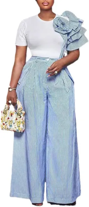 Women's Striped 2 Piece Outfits Crew Neck Short Sleeve Tops and High Waisted Wide Leg Pants Lounge Sets