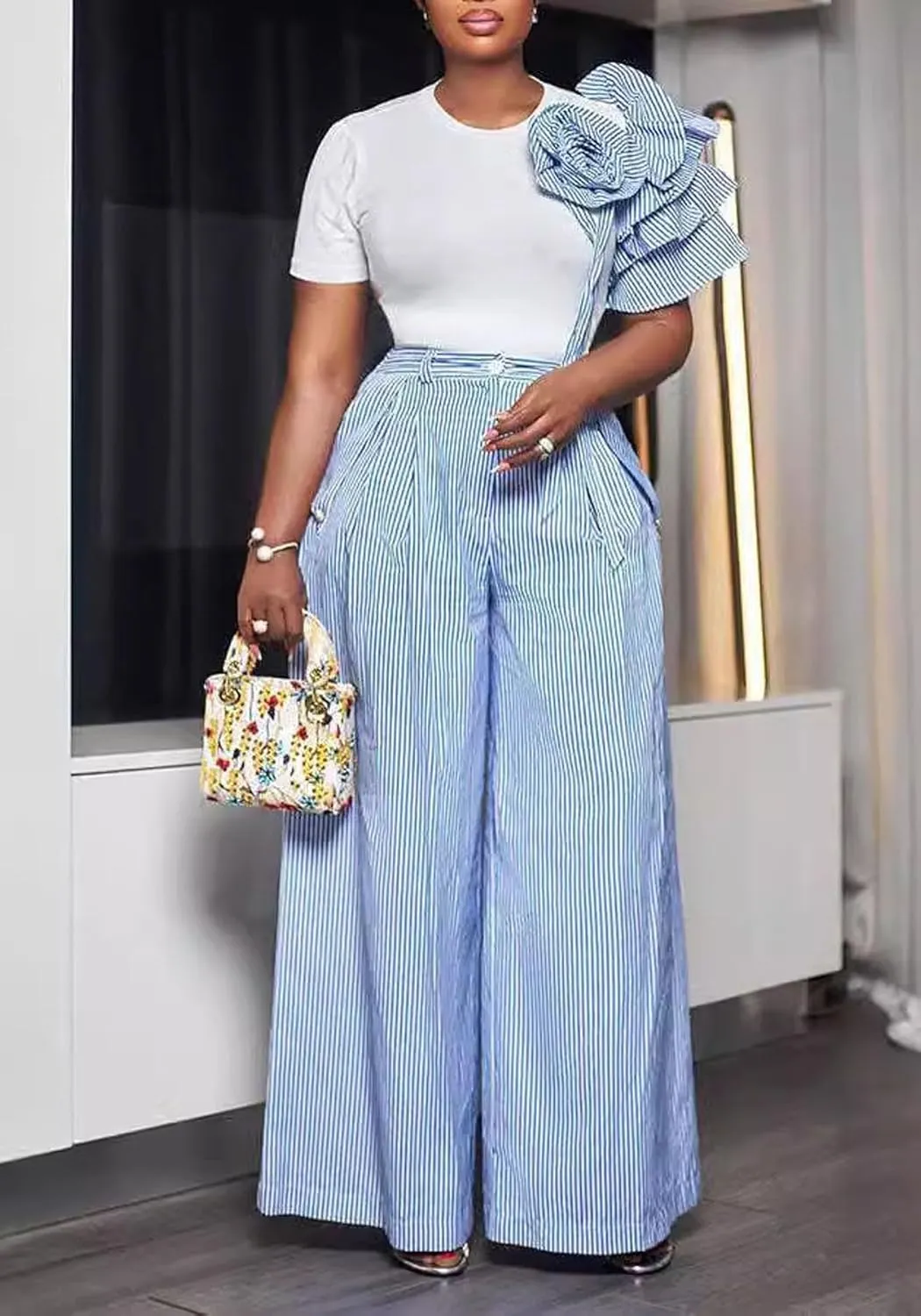 Women's Striped 2 Piece Outfits Crew Neck Short Sleeve Tops and High Waisted Wide Leg Pants Lounge Sets