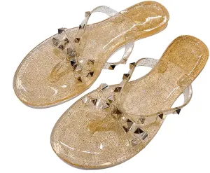 Women's Studded Bow Jelly Flat Flip Flops Fashion Comfort Open Round Toe Slip On Thong Slipper Sandals With Rivets for Summer Outdoor Beach Pool