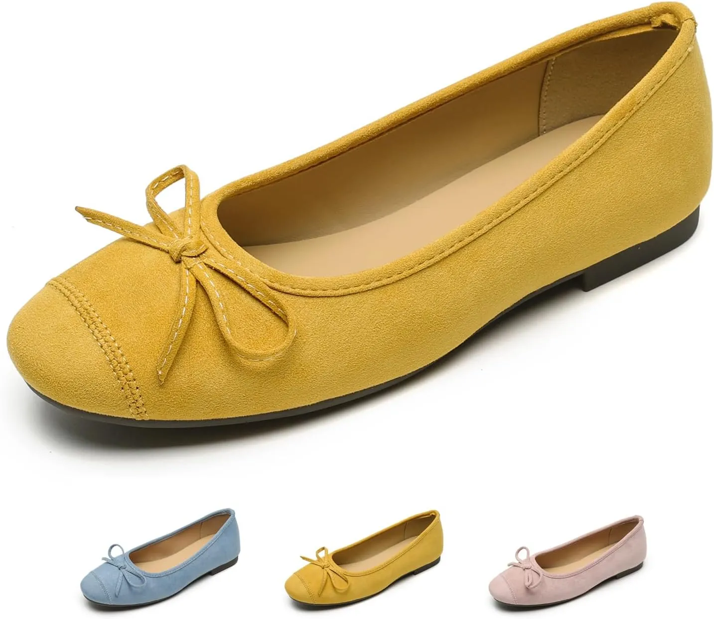 Women's Suede Bow Tie Ballet Flats Fashion Round Toe Soft Shallow Mouth Slip On Casual Loafers Comfortable Walking Wedding Dress Shoes