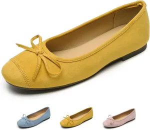 Women's Suede Bow Tie Ballet Flats Fashion Round Toe Soft Shallow Mouth Slip On Casual Loafers Comfortable Walking Wedding Dress Shoes