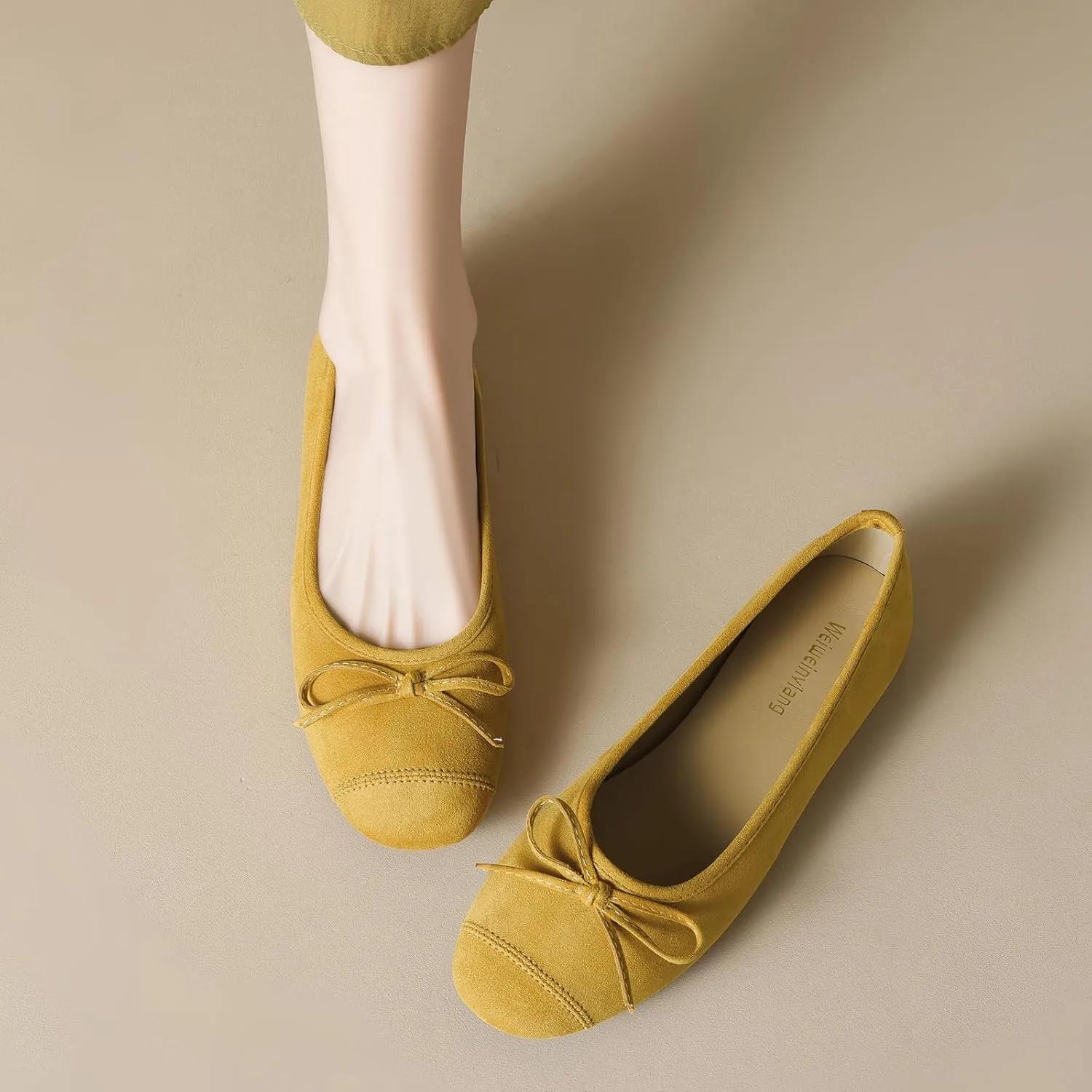Women's Suede Bow Tie Ballet Flats Fashion Round Toe Soft Shallow Mouth Slip On Casual Loafers Comfortable Walking Wedding Dress Shoes